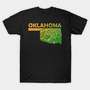 Colorful mandala art map of Oklahoma with text in green and orange T-Shirt